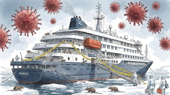 Dibujo de un crucero Hondius rodeado de grandes partículas virales rojas, con roedores en la cubierta, la pasarela y el hielo, y personal en trajes EPI.