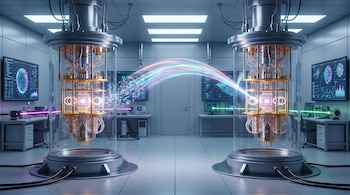 Dos procesadores cuánticos cilíndricos, hechos de metal y vidrio, en un laboratorio. Un arco de luz colorida los conecta, con pantallas de datos en el fondo.