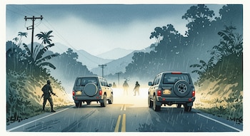 Ilustración en acuarela de una escena nocturna lluviosa en una carretera rural montañosa. Dos camionetas civiles están detenidas, y varias figuras humanas se ven en la distancia.