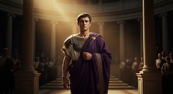 Pértinax, vestido como emperador romano con toga púrpura y armadura dorada, de pie en un Senado con columnas clásicas y senadores en penumbra, iluminado por luz dorada.