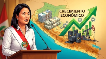 Keiko Fujimori en podio con banda presidencial. Detrás, mapa de Perú con dinero, barriles de petróleo, pozo, engranajes y gráfico de crecimiento.