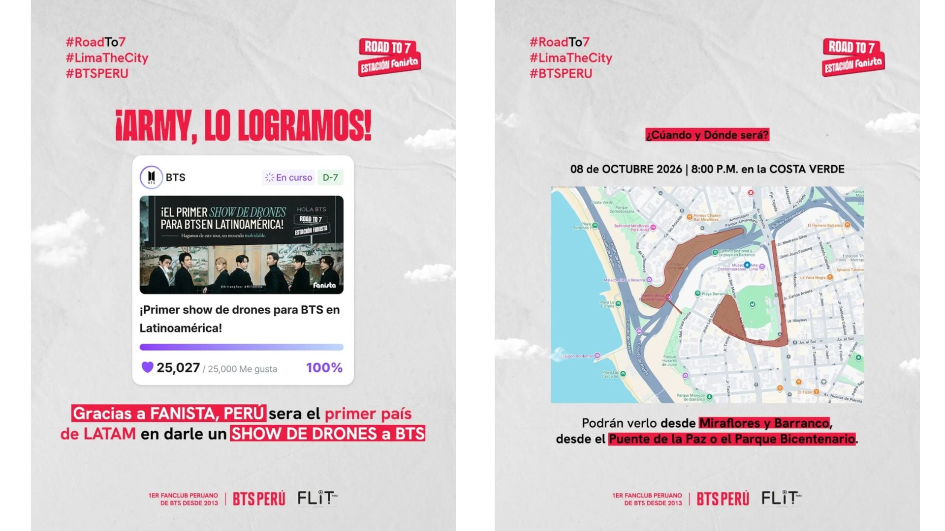 El club de seguidores BTS Perú anuncia un espectáculo de drones dedicado a la banda surcoreana para el 8 de octubre de 2026 en la Costa Verde de Lima.