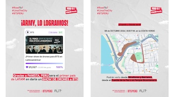 Dos afiches promocionales en español con un mapa de la Costa Verde en Lima y anuncios sobre un espectáculo de drones dedicado al grupo BTS