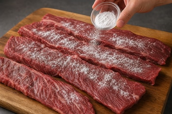 Una mano espolvorea un polvo blanco desde un recipiente de vidrio sobre cuatro tiras de carne roja cruda en una tabla de madera.