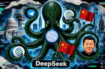Pulpo negro con líneas verdes digitales, el texto DeepSeek, banderas chinas, la figura de Xi Jinping y el Capitolio de Estados Unidos al fondo.