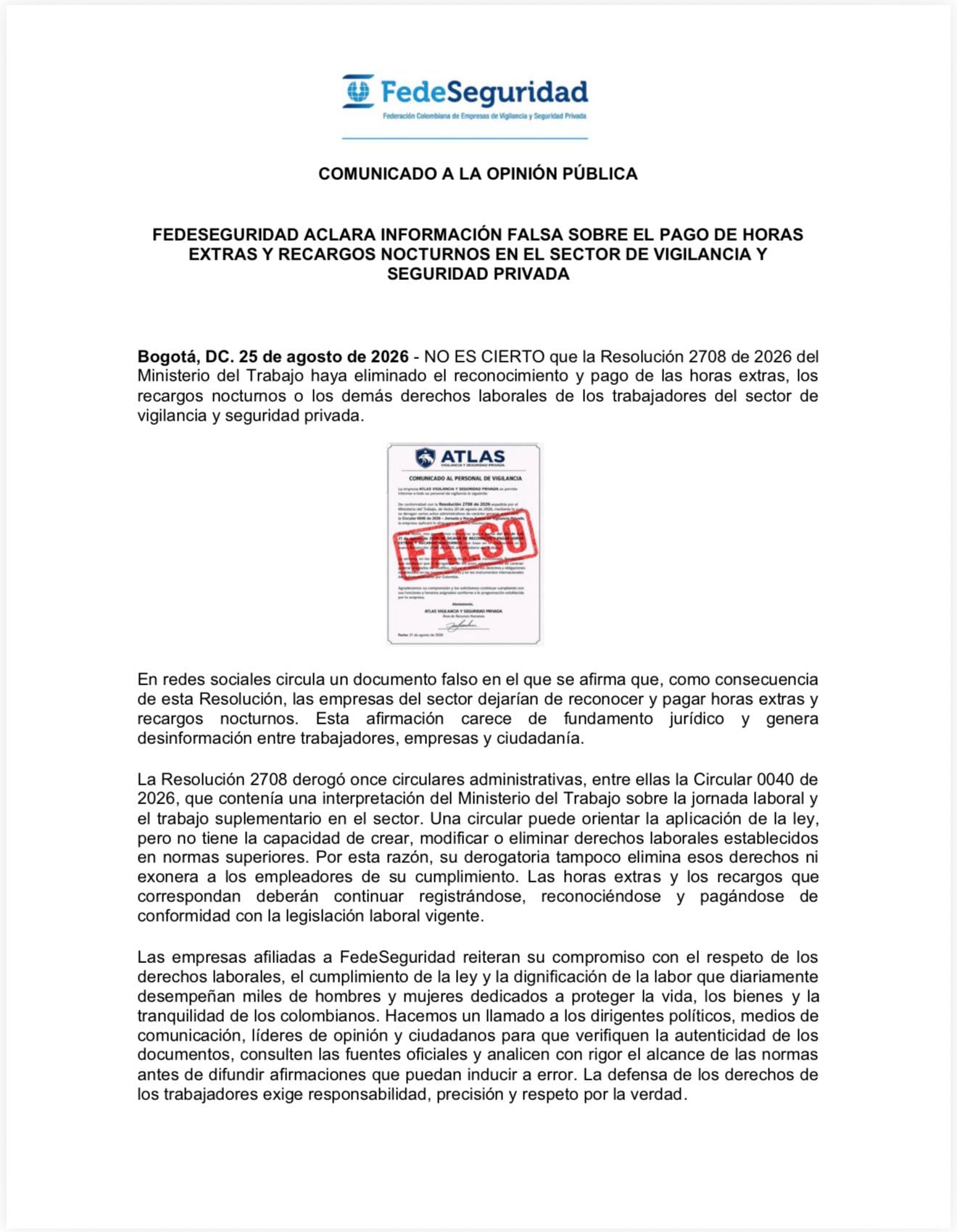 Fedeseguridad advirtió sobre la circulación de un documento falso en redes sociales que relacionaba la resolución 2708 con la eliminación de estos pagos y pidió verificar la autenticidad de los documentos antes de difundirlos - crédito @Fedeseguridad1/X