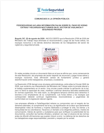 Fedeseguridad advirtió sobre la circulación de un documento falso en redes sociales que relacionaba la resolución 2708 con la eliminación de estos pagos y pidió verificar la autenticidad de los documentos antes de difundirlos - crédito @Fedeseguridad1/X