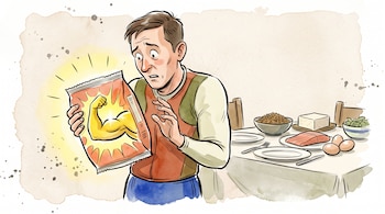 Ilustración de un hombre que sostiene un paquete con la imagen de un bíceps, junto a una mesa con pescado, huevos, tofu y legumbres.