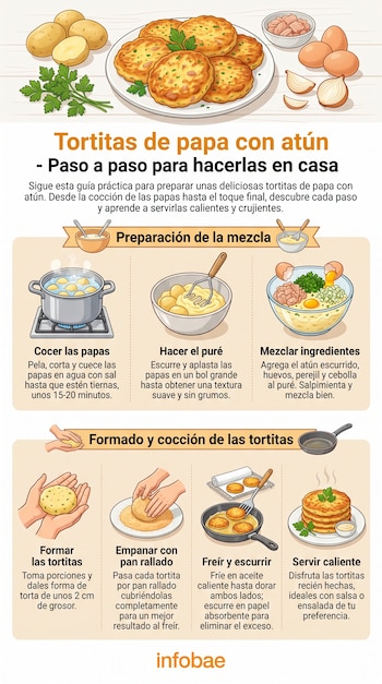 Infografía ilustrada con la receta paso a paso para hacer tortitas de papa con atún, ingredientes y proceso de cocción sobre fondo beige.