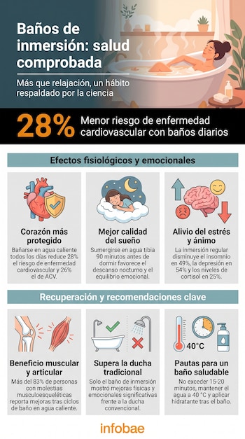 Infografía: mujer en bañera, porcentaje "28%", íconos de corazón, persona durmiendo, cerebro, articulación y músculo, bañera y ducha, termómetro, reloj y botella de crema. Texto con datos. Logo Infobae.