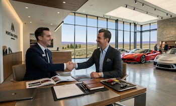 Dos hombres con traje se dan la mano sonriendo en un concesionario de lujo. En el escritorio hay documentos y llaves. Al fondo, superdeportivos y paisaje exterior a través de grandes ventanales