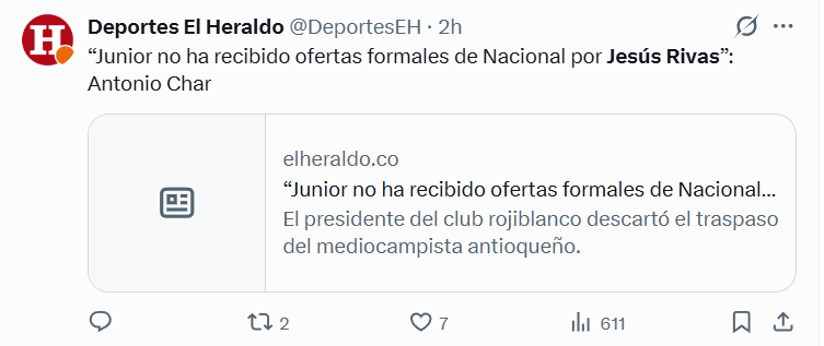 La información del diario El Heraldo sobre la no recepción de Junior de Barranquilla sobre alguna oferta por Jesús Rivas - crédito @deporteseh/X