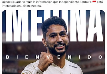 Jeison Medina despertó el interés de Independiente Santa Fe, según los reportes periodísticos del país donde está jugando actualmente. Ecuador con Liga de Quito - crédito @pactocardenal/X