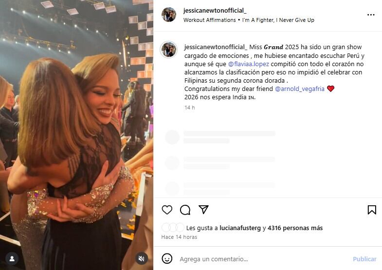 Jessica Newton lamenta la derrota de Flavia López en Miss Grand International: “Me hubiese encantado escuchar Perú”