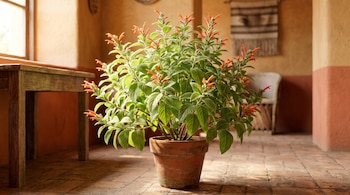 Planta de muicle con hojas verdes y flores tubulares naranja-rojizas en una maceta de terracota sobre un suelo de azulejos, con una mesa, ventana y tapiz al fondo.