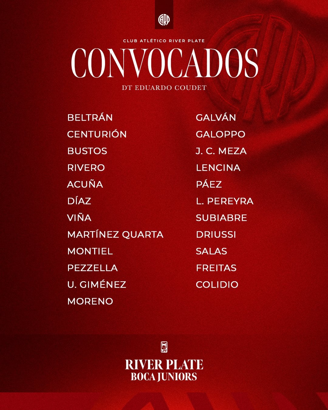 La lista de convocados del Chacho Coudet para el Supeclásico (@RiverPlate)