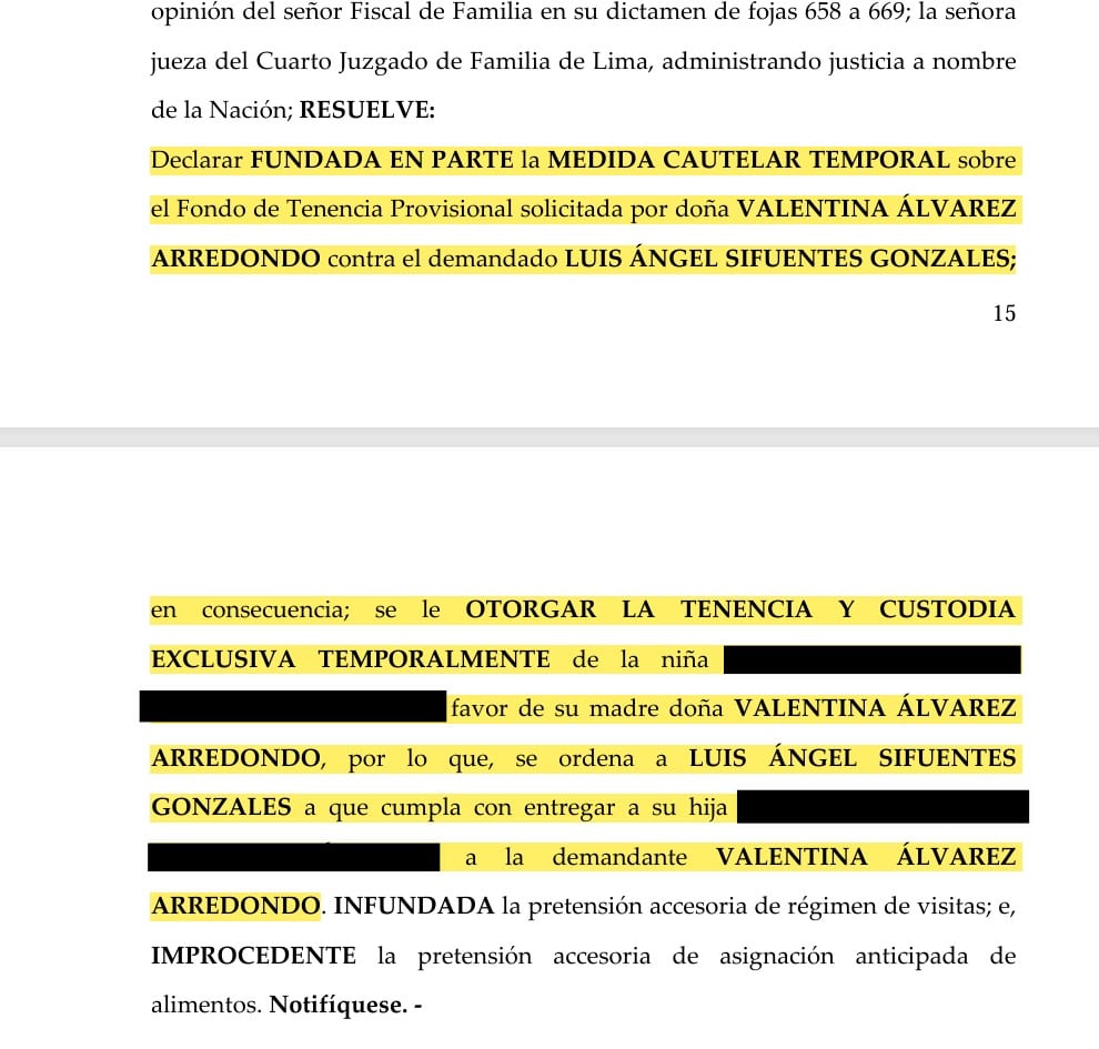 El Cuarto Juzgado de Familia de Lima declara fundada en parte una medida cautelar y otorga la tenencia provisional exclusiva a Valentina Álvarez Arredondo.