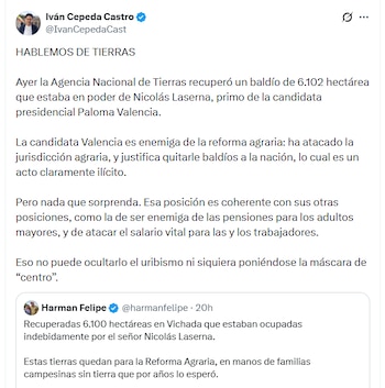Iván Cepeda cuestionó a Paloma Valencia por baldío de su primo en Cundinamarca - crédito @IvanCepedaCast/X