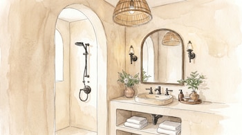 Ilustración en acuarela de un baño: ducha arqueada, lavabo, espejo, lámparas, plantas y toallas. Predominan tonos crema y líneas finas.