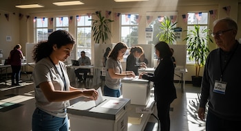 Interior de un colegio electoral con luz solar. Una mujer joven introduce una papeleta en una urna. Otras personas votan y hay personal electoral.