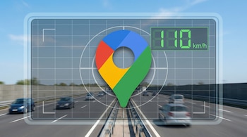 Logo de Google Maps con un indicador de velocidad "110 km/h" superpuesto en una pantalla de radar, sobre una autopista con coches en movimiento.