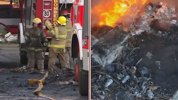 Imagen dividida que muestra a dos bomberos junto a un camión y un área de escombros carbonizados con intensas llamas al fondo