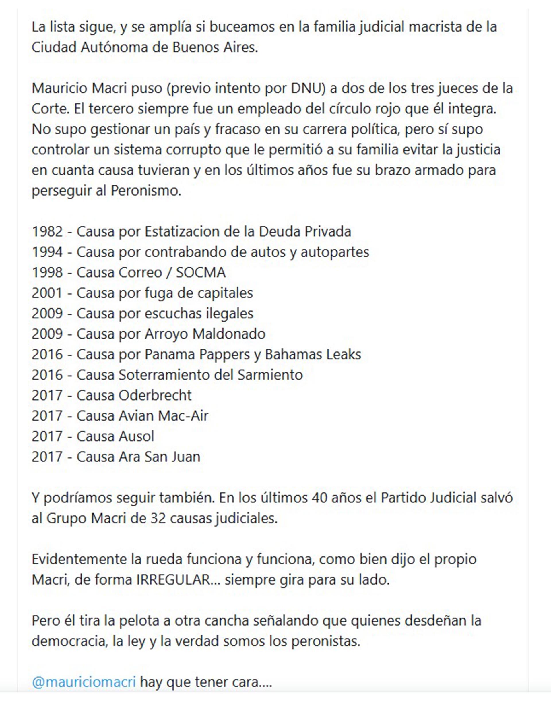 A su vez, la senadora mencionó las distintas causas que involucran al expresidente, Mauricio Macri.