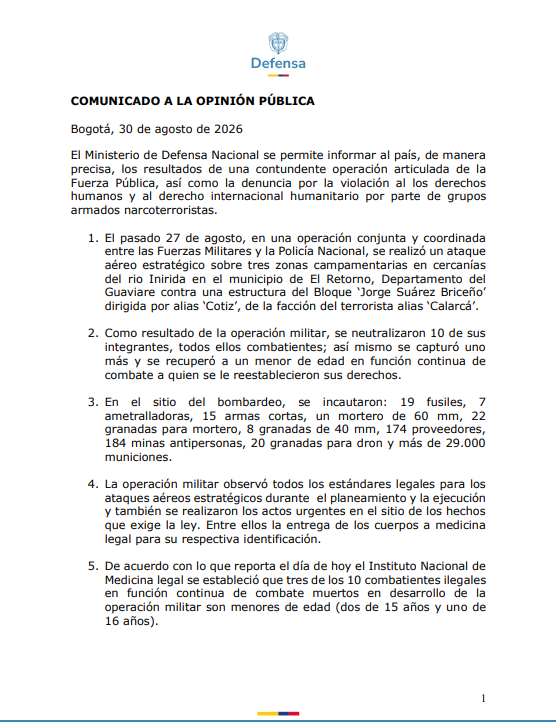 El Ministerio de Defensa señaló que el reclutamiento y la utilización de menores por parte de grupos armados constituyen una violación al Derecho Internacional Humanitario (DIH) y son considerados crímenes de guerra - crédito Ministerio de Defensa