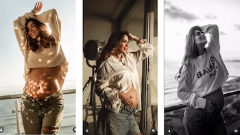 Tres fotografías de una mujer embarazada en diferentes poses: la primera en un balcón, la segunda junto a una ventana, la tercera en un balcón en blanco y negro