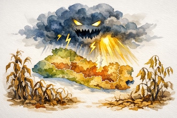 Mapa estilizado de El Salvador con zonas áridas, una nube oscura en forma de monstruo descarga rayos, plantas de maíz y frijol secas a los lados.