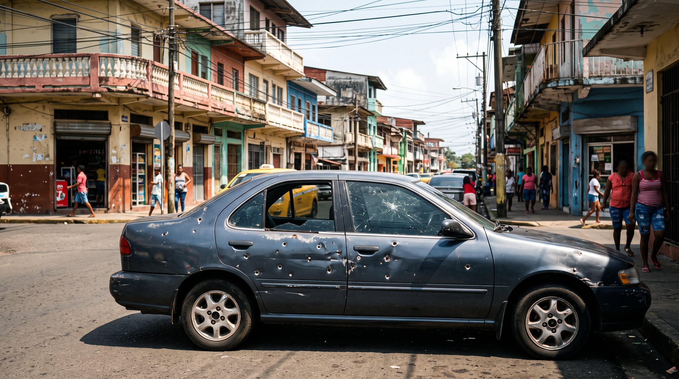 Un automóvil gris estacionado en una calle de Colón presenta múltiples impactos de bala en su carrocería y ventanas. (Imagen Ilustrativa Infobae)