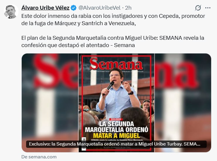 El expresidente de la República y líder político del Centro Democrático lamentó la partida del aspirante presidencial - crédito -@AlvaroUribeVel/X