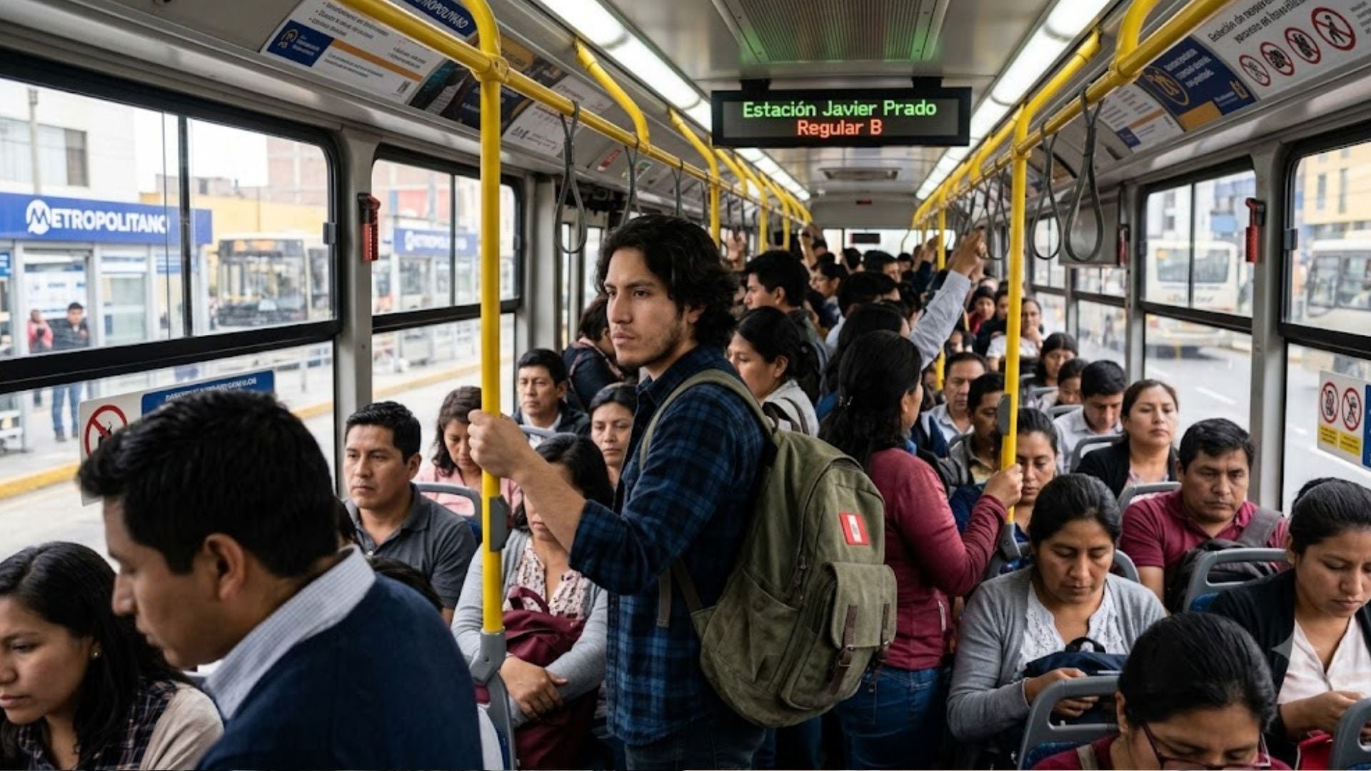 Un autobús del sistema Metropolitano transporta a numerosos pasajeros durante el horario de tránsito en una de las vías de Lima, Perú. (Imagen Ilustrativa Infobae)