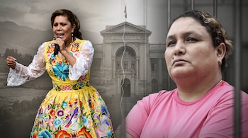 Composición fotográfica de dos mujeres y un edificio con la bandera de Perú. Una mujer canta con vestido folclórico. Otra mujer mira al frente.