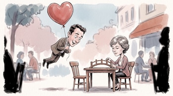 Ilustración de un hombre que flota sujetado a un globo rojo en forma de corazón y una mujer sentada a una mesa con un puente pequeño.