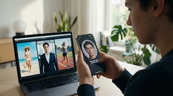 Primer plano de un joven sosteniendo un smartphone que muestra un avatar digital; en segundo plano, una laptop exhibe el mismo avatar en distintas situaciones.