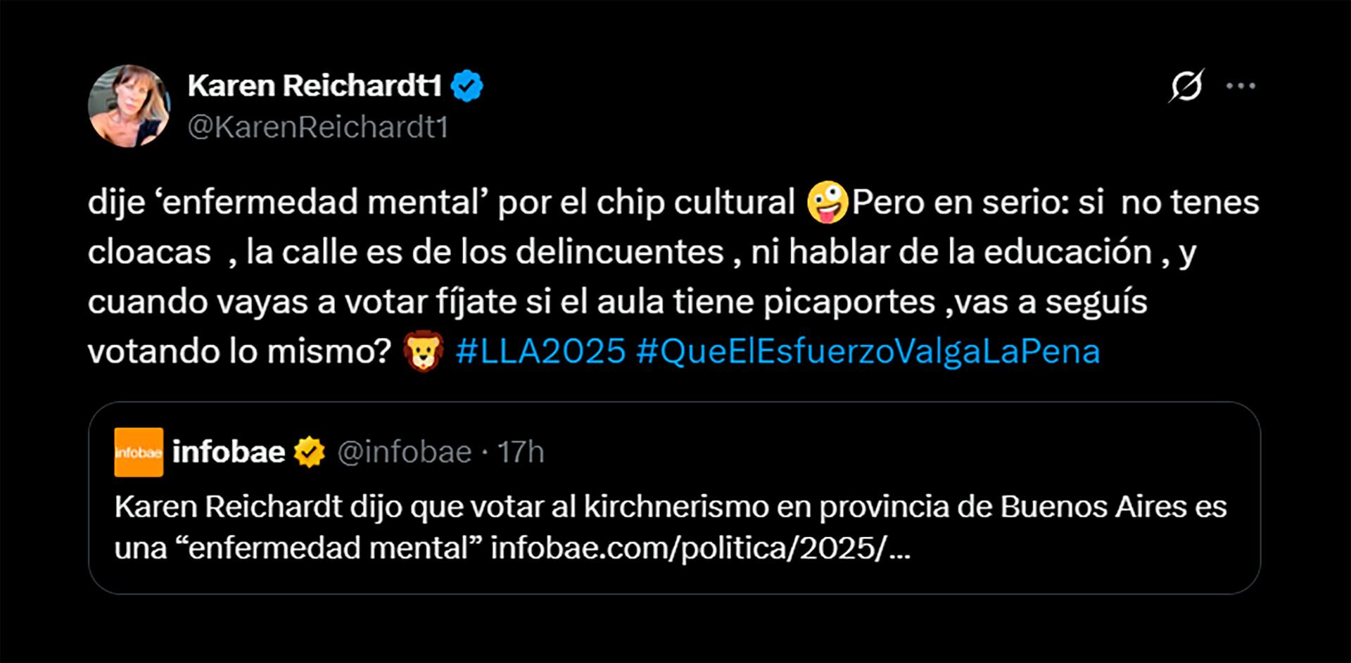 Karen Reichardt insistió en que los votantes del kirchnerismo son enfermos mentales
