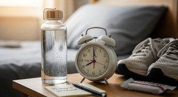Botella de agua, reloj despertador analógico, zapatillas deportivas, libreta con texto, bolígrafo y barra de proteína sobre una mesa de noche.