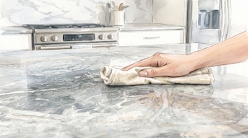 Ilustración en estilo acuarela de una mano que pasa un paño sobre la mesada de mármol de una cocina.