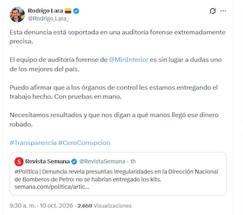 Con relación a la denuncia, el ministro Lara públicó en sus redes sociales que la denuncia cuenta con soporte documental - crédito
@Rodrigo_Lara_/X