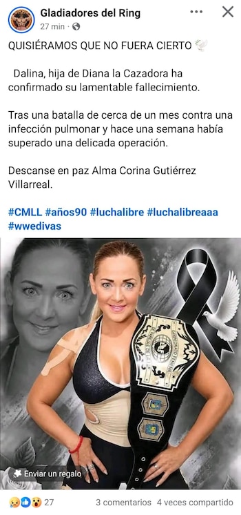 Retrato de una mujer sonriente con cinturón de campeonato. Incluye un lazo negro, una paloma blanca y una imagen difuminada de la misma mujer en el fondo