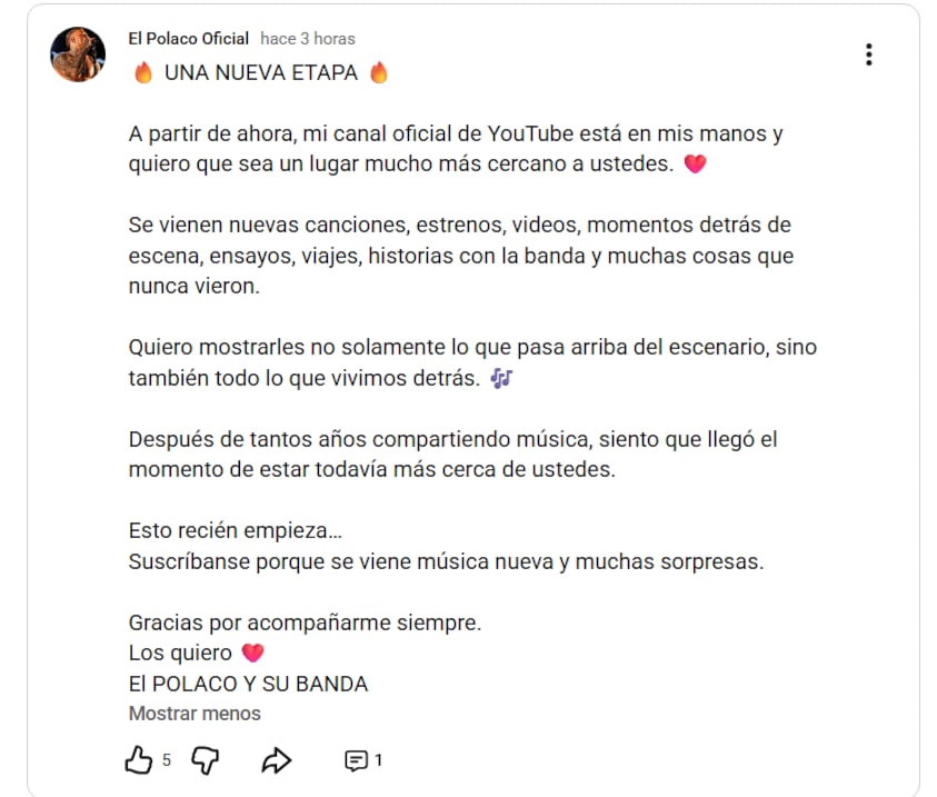 El Polaco dijo que su canal oficial de YouTube buscará ser un espacio más cercano para su público