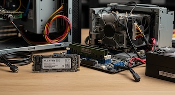 Memoria SSD M.2 NVMe, cables, tarjeta madre con memoria RAM, ventilador de procesador, fuente de poder y carcasa de computadora abierta sobre mesa.
