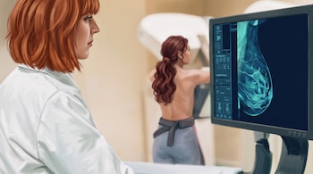 Una médica con bata blanca mira una mamografía en un monitor mientras una paciente de espaldas se apoya en un mamógrafo.