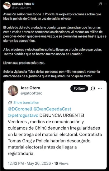 Petro cuestiona públicamente la seguridad del software electoral y solicita explicaciones al director de la Policía Nacional - crédito @petrogustavo / X