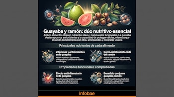 Una guayaba entera y dos rebanadas junto a frutos de ramón con hojas. Se observan gráficos de células y moléculas, y texto informativo sobre sus propiedades.