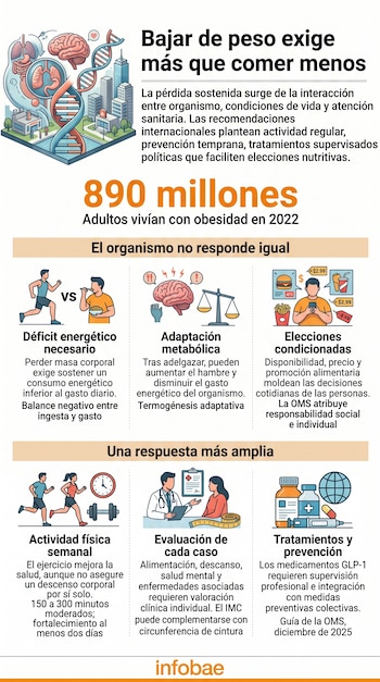 Infografía con gráficos e ilustraciones de órganos humanos, personas haciendo ejercicio, un cerebro junto a una balanza y texto sobre la obesidad.
