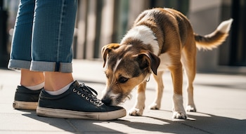 Perro mestizo marrón, blanco y negro olfatea la zapatilla negra en el pie de una persona con jeans y calcetines blancos en una calle soleada.