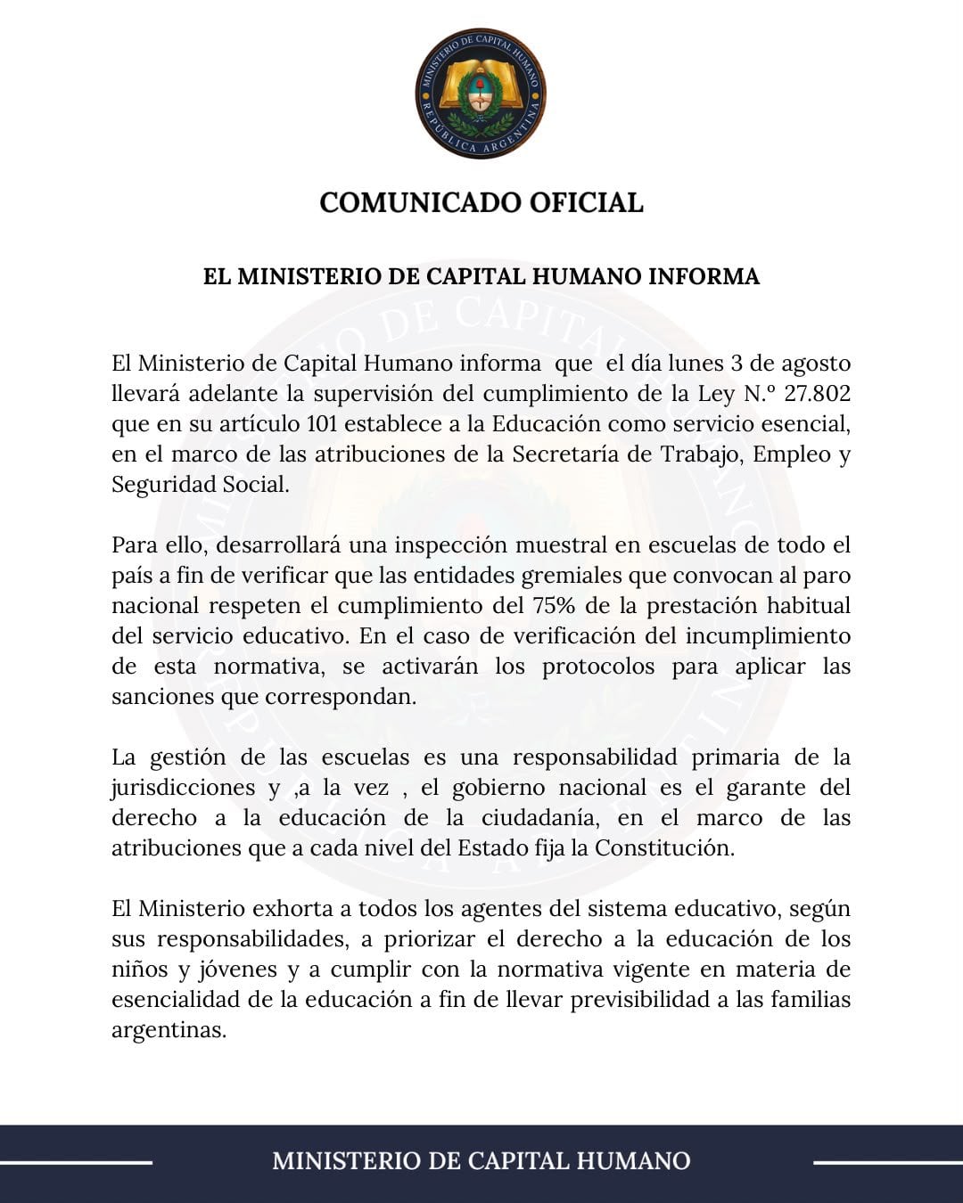 Comunicado del Ministerio de Capital Humano anunciando la realización de inspecciones durante el paro