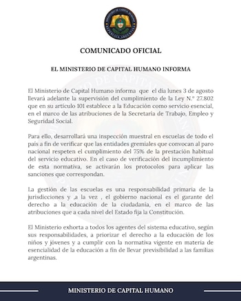 Comunicado del Ministerio de Capital Humano anunciando la realización de inspecciones durante el paro